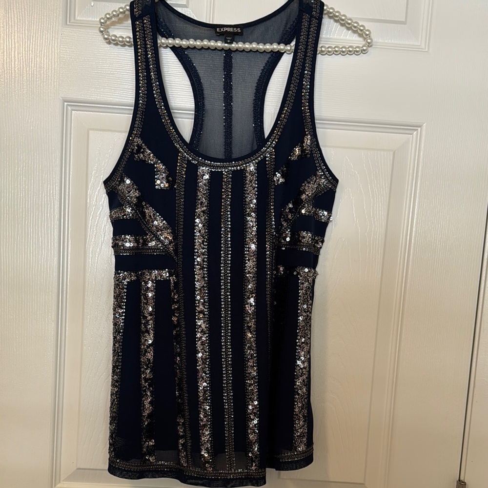 Express Navy and Silver Sequin Tank Top